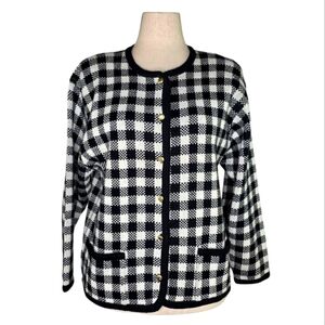 Vintage Black White Gingham Plaid Cardigan Sweater Gold Buttons Size L Hong Kong